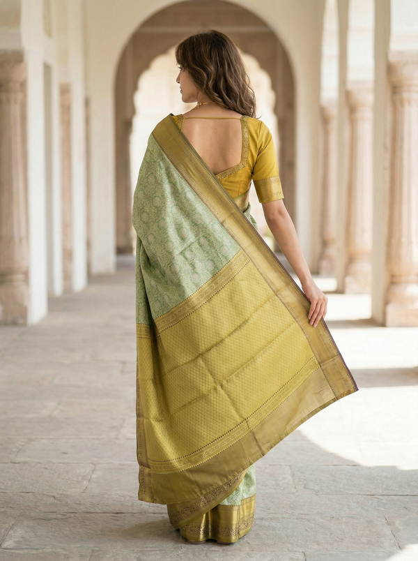 Sage Green Kanchipuram Inspired Semi Silk Saree with Medium Medium Contrast Border