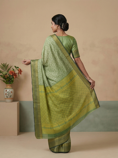 Lime Green Uppada Inspired Semi Silk Saree with Medium Medium Contrast Border