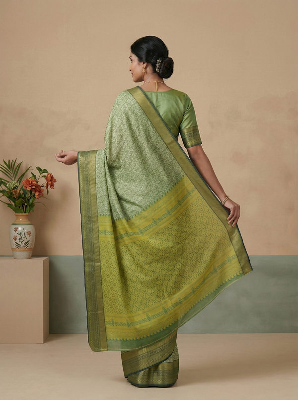 Lime Green Uppada Inspired Semi Silk Saree with Medium Medium Contrast Border