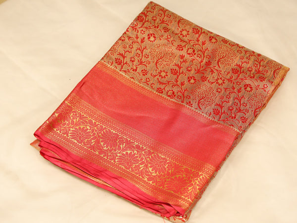 Burnt Orange Dharmavaram Inspired Semi Silk Saree with Wide Wide Contrast Border