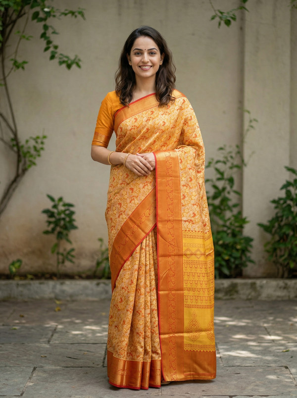 Sunset Orange Dharmavaram Inspired Semi Silk Saree with Wide Wide Self Border