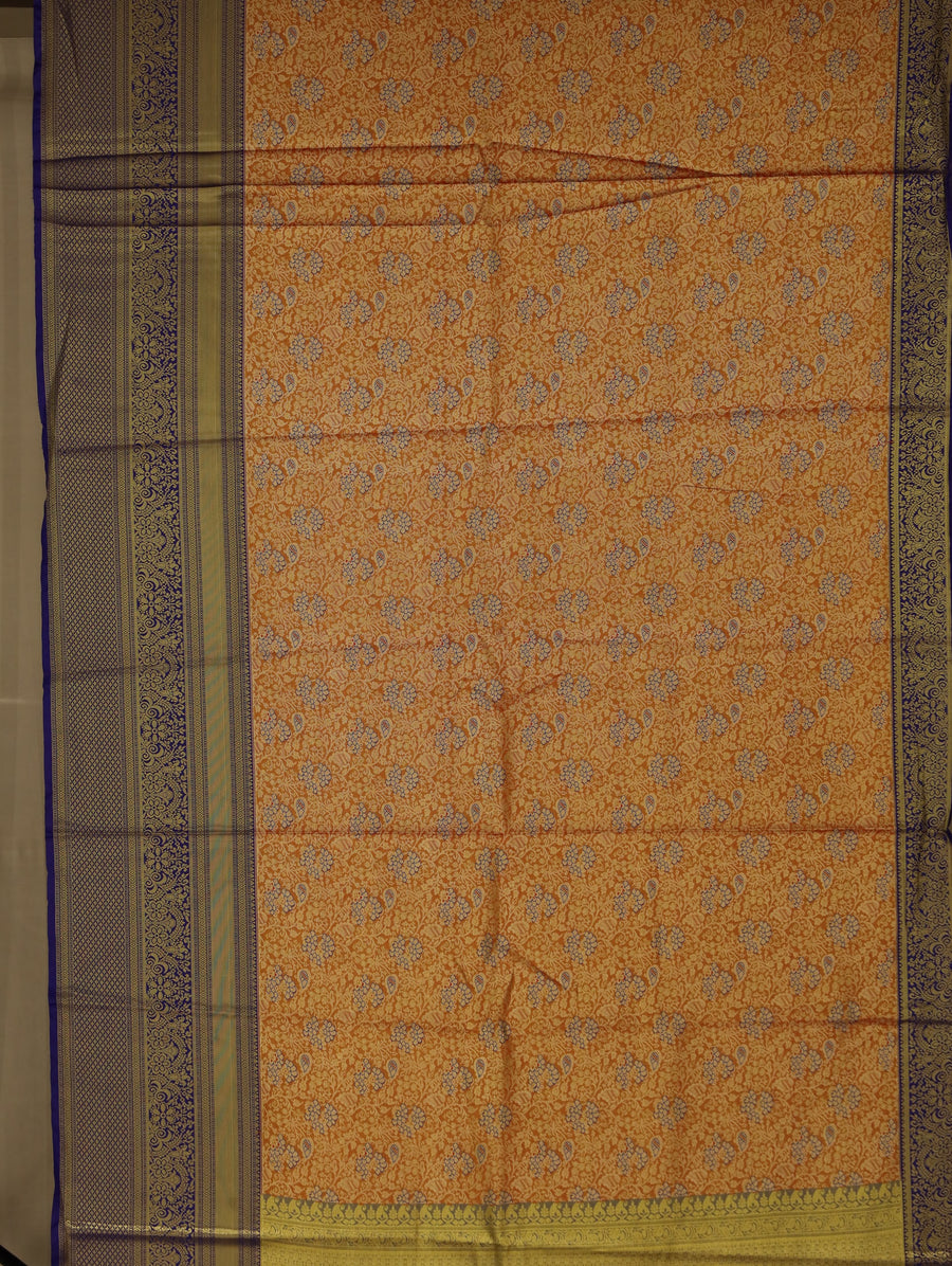 Sunset Orange Kanchipuram Inspired Semi Silk Saree with Wide Wide Contrast Border