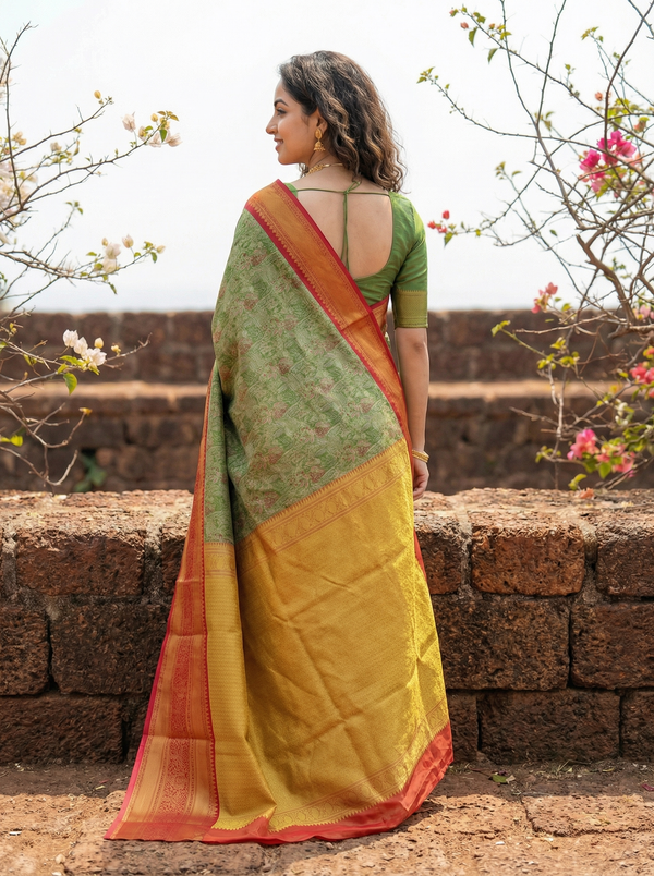 Sage Green Kanchipuram Inspired Semi Silk Saree with Wide Wide Contrast Border