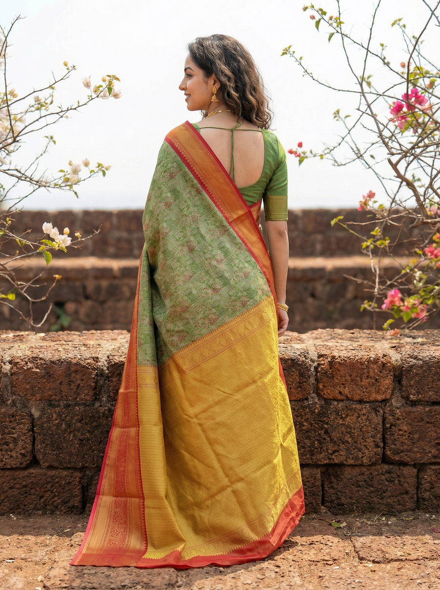 Sage Green Kanchipuram Inspired Semi Silk Saree with Wide Wide Contrast Border