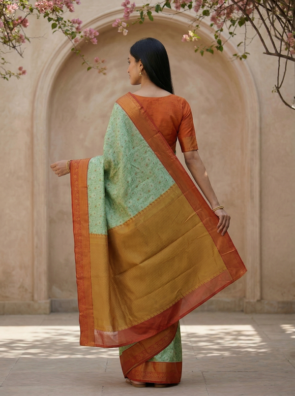 Mint Green Kanchipuram Inspired Semi Silk Saree with Medium Medium Contrast Border