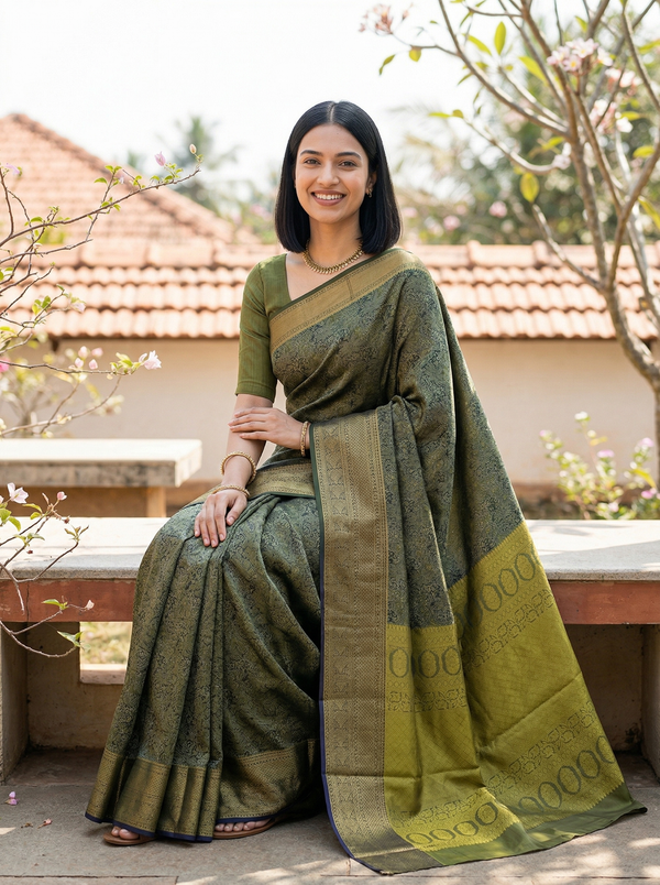 Olive Green Dharmavaram Inspired Semi Silk Saree with Wide Wide Contrast Border