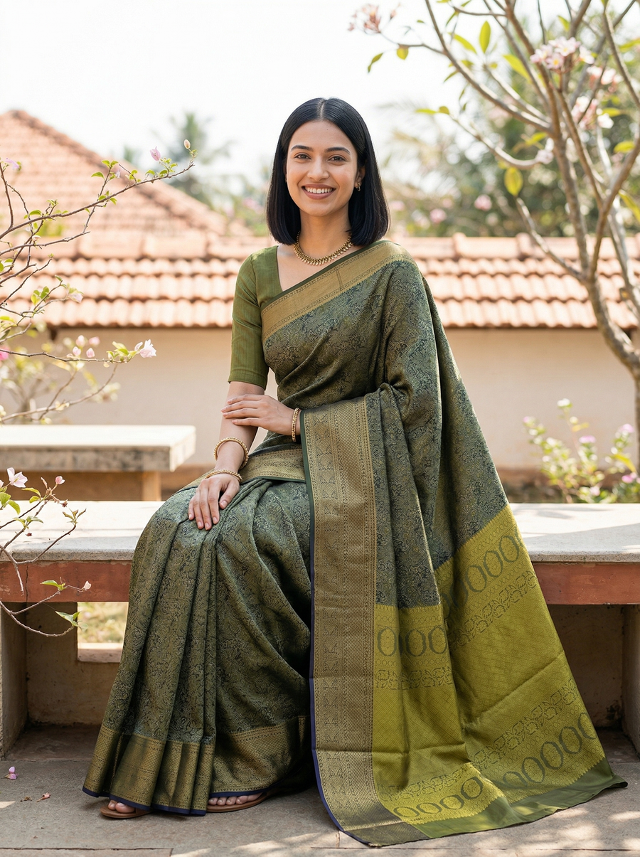 Olive Green Dharmavaram Inspired Semi Silk Saree with Wide Wide Contrast Border