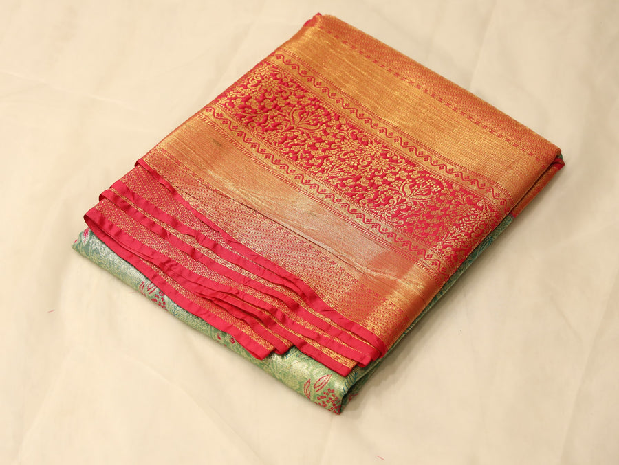 Sage Green Kanchipuram Inspired Semi Silk Saree with Wide Wide Contrast Border