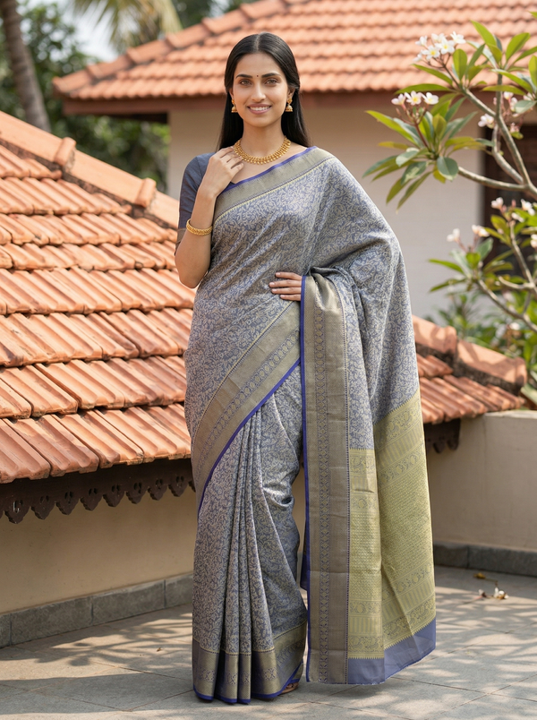 Steel Blue Kanchipuram Inspired Semi Silk Saree with Medium Medium Contrast Border