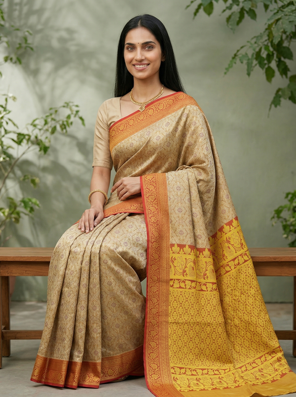 Champagne Gold Kanchipuram Inspired Semi Silk Saree with Medium Medium Contrast Border