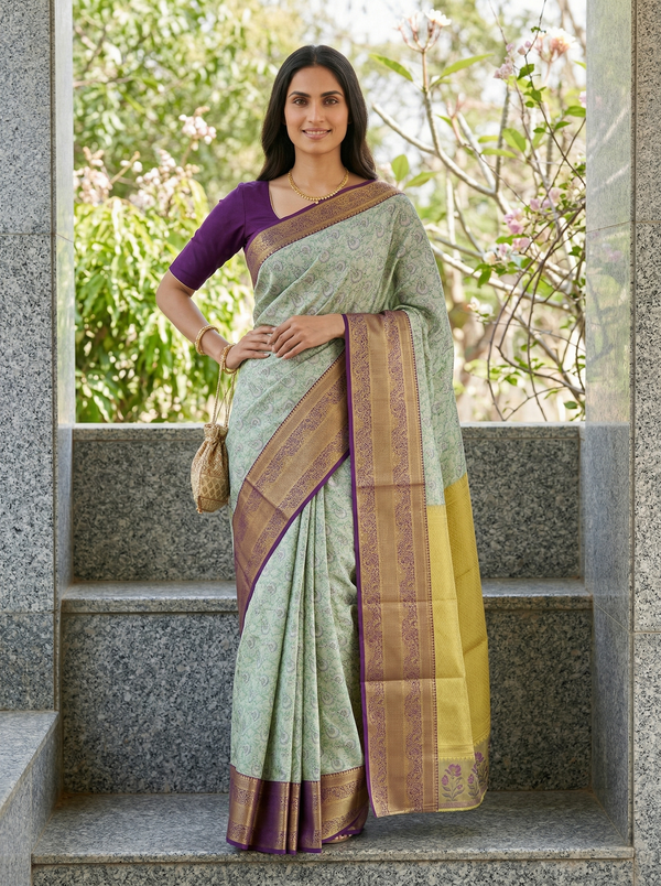 Sunlit Olive Kanchipuram Inspired Semi Silk Saree with Wide Wide Contrast Border