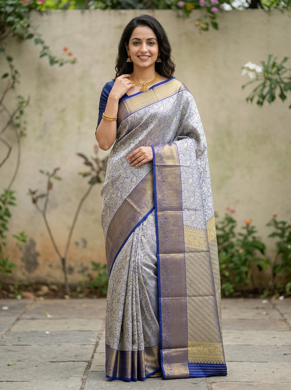 Silvery Grey Kanchipuram Inspired Semi Silk Saree with Wide Wide Contrast Border