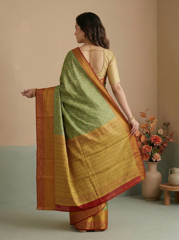 Sage Green Kanchipuram Inspired Semi Silk Saree with Wide Wide Contrast Border