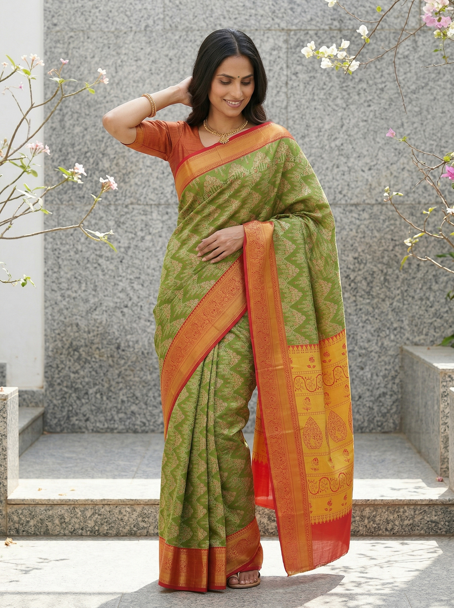 Leaf Green Kanchipuram Inspired Semi Silk Saree with Wide Wide Contrast Border