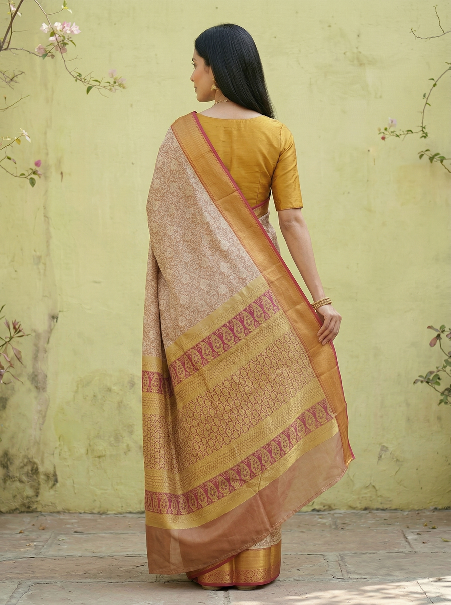 Champagne Gold Dharmavaram Inspired Semi Silk Saree with Medium Medium Contrast Border
