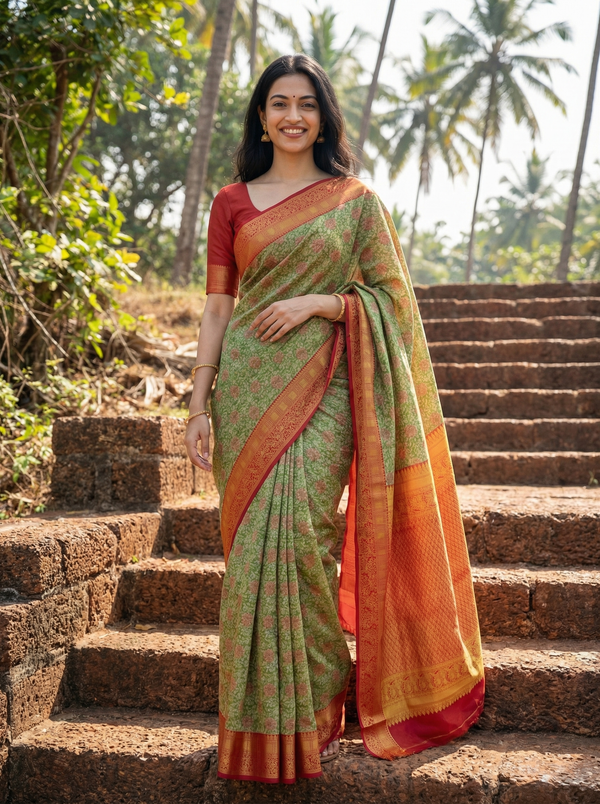 Sage Green Kanchipuram Inspired Semi Silk Saree with Medium Medium Contrast Border