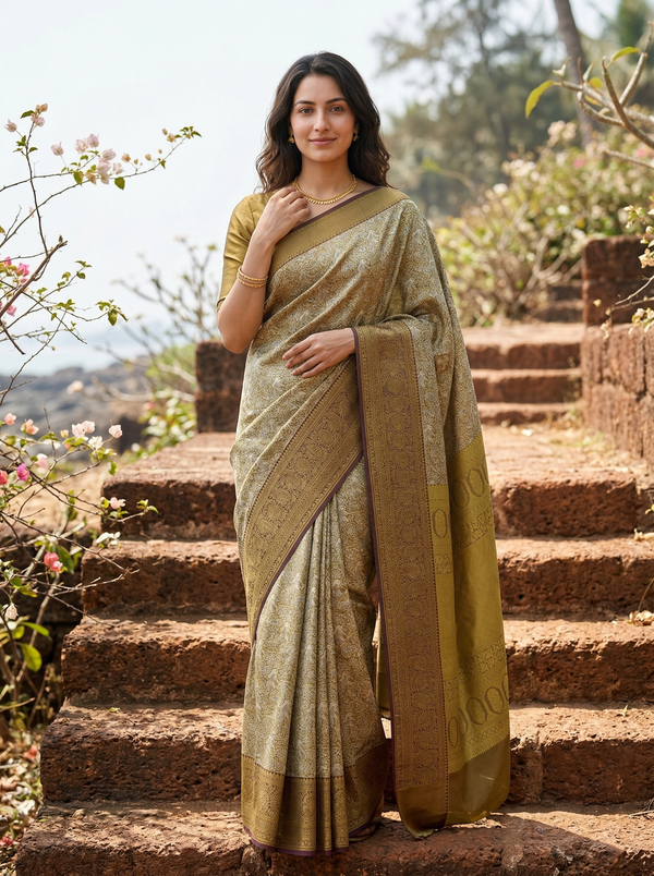 Olive Green Kanchipuram Inspired Semi Silk Saree with Medium Medium Contrast Border