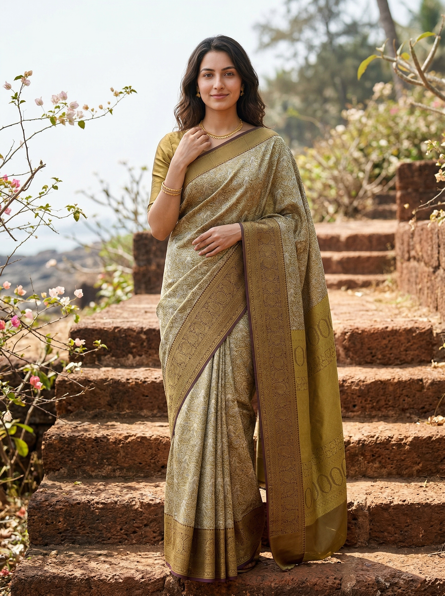 Olive Green Kanchipuram Inspired Semi Silk Saree with Medium Medium Contrast Border