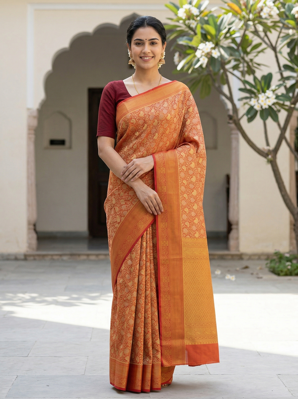 Burnt Orange Dharmavaram Inspired Semi Silk Saree with Medium Medium Contrast Border