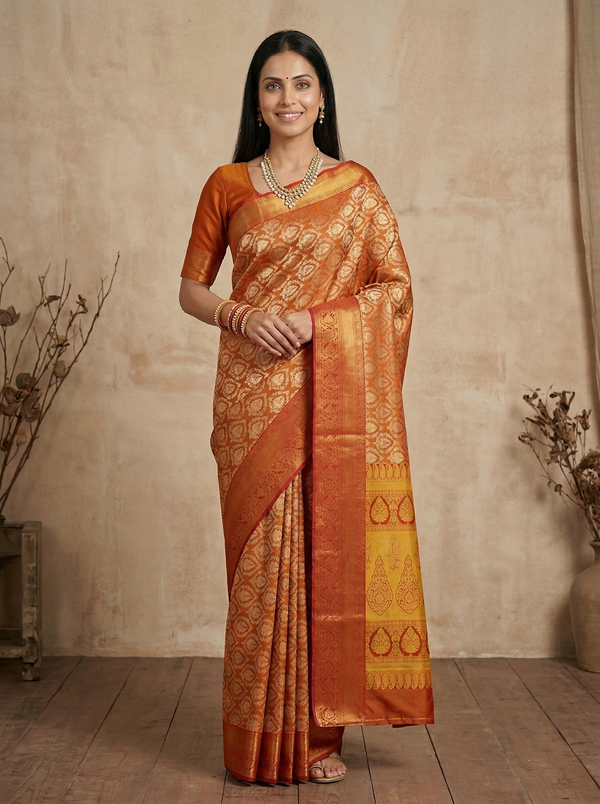 Burnt Orange Dharmavaram Inspired Semi Silk Saree with Medium Medium Self Border