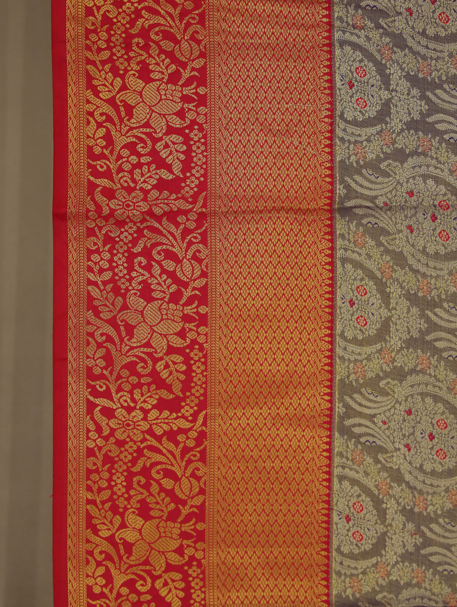 Steel Gray Kanchipuram Inspired Semi Silk Saree with Medium Medium Contrast Border