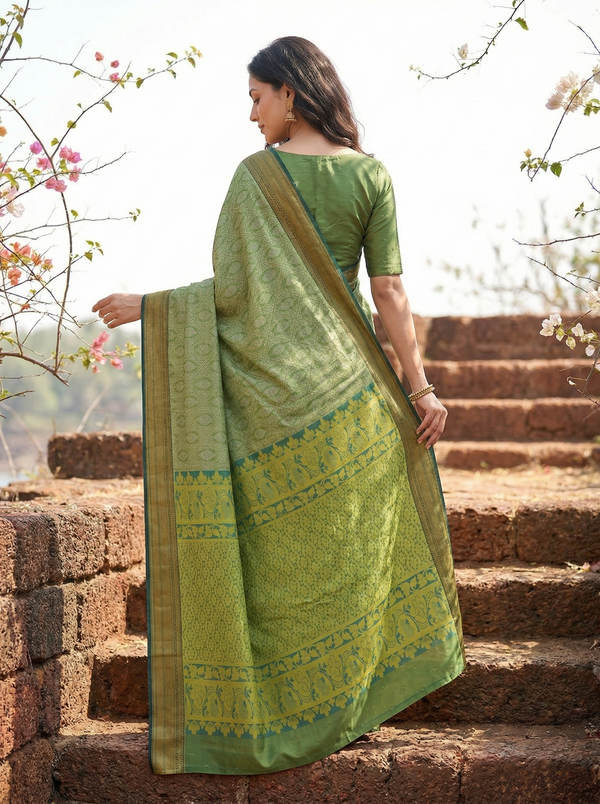 Moss Green Dharmavaram Inspired Semi Silk Saree with Medium Medium Contrast Border