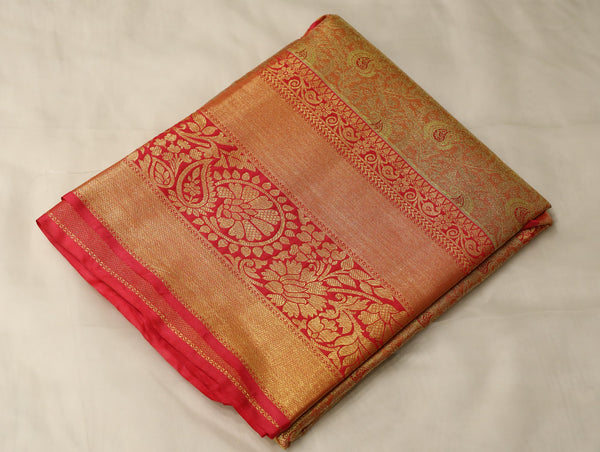 Champagne Gold Kanchipuram Inspired Semi Silk Saree with Wide Wide Contrast Border