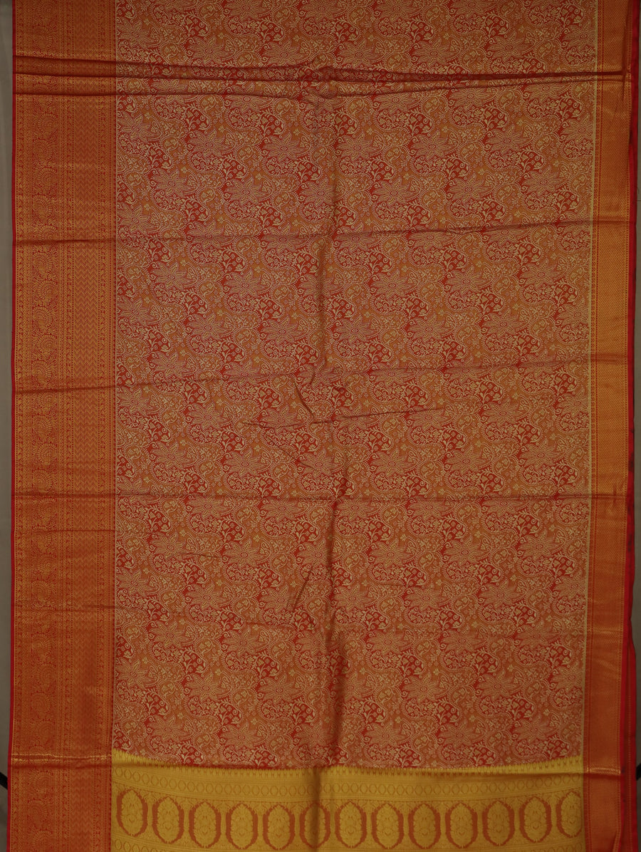 Burnt Orange Kanchipuram Inspired Semi Silk Saree with Wide Wide Contrast Border