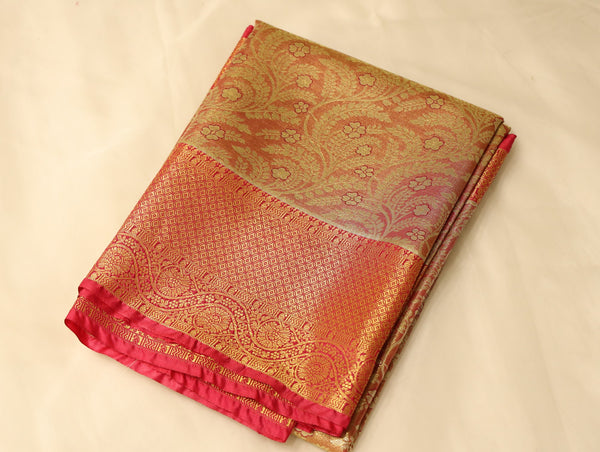 Burnt Orange Kanchipuram Inspired Semi Silk Saree with Wide Wide Contrast Border