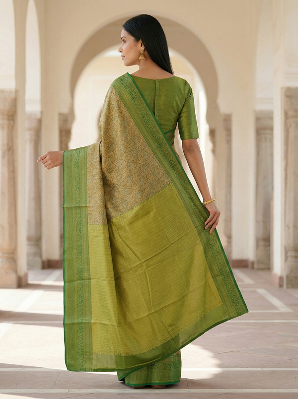 Olive Green Mysore Inspired Semi Silk Saree with Medium Medium Self Border
