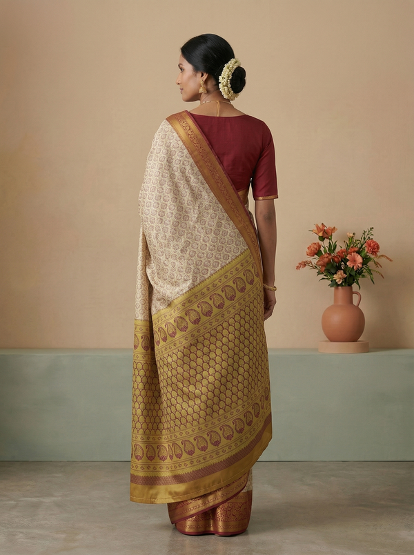Champagne Gold Dharmavaram Inspired Semi Silk Saree with Wide Wide Contrast Border