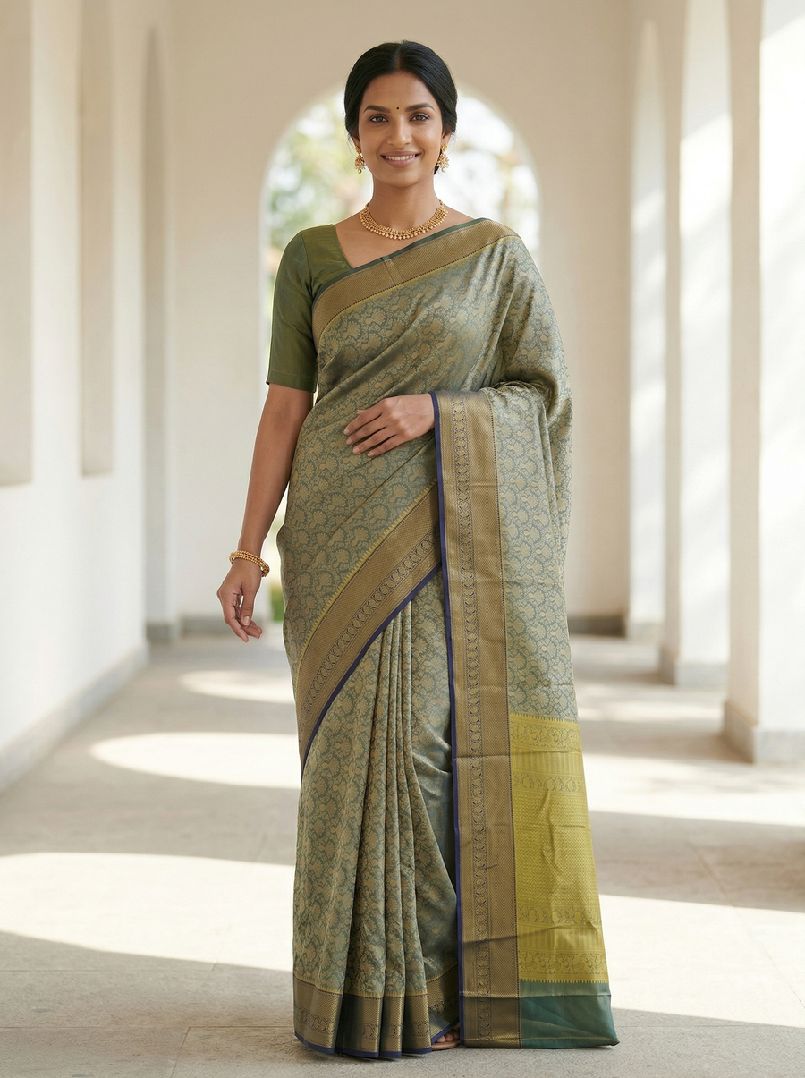 Olive Green Kanchipuram Inspired Semi Silk Saree with Medium Medium Contrast Border