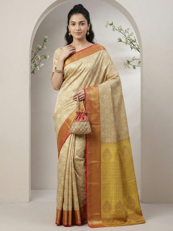 Champagne Gold Dharmavaram Inspired Semi Silk Saree with Wide Wide Contrast Border