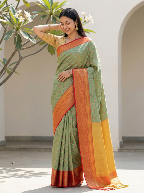 Sage Green Kanchipuram Inspired Semi Silk Saree with Wide Wide Contrast Border