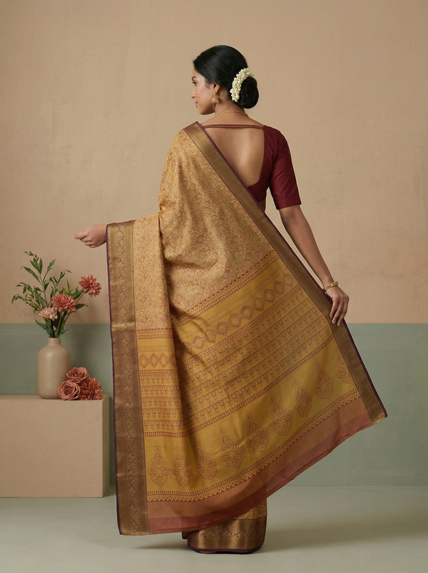 Champagne Gold Dharmavaram Inspired Semi Silk Saree with Medium Medium Contrast Border