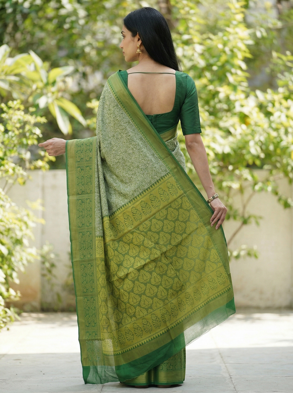 Moss Green Mysore Inspired Semi Silk Saree with Medium Medium Contrast Border