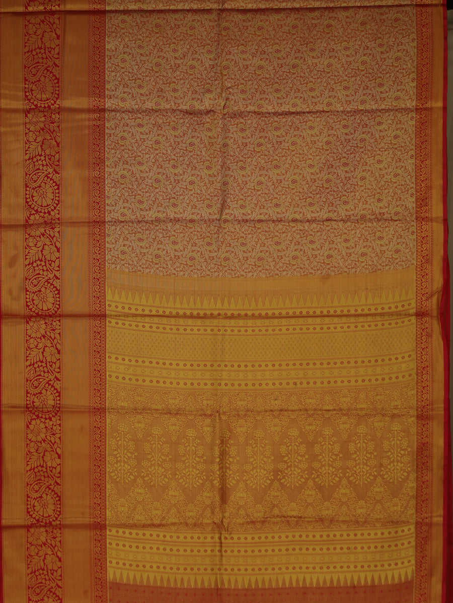 Champagne Gold Kanchipuram Inspired Semi Silk Saree with Medium Medium Contrast Border