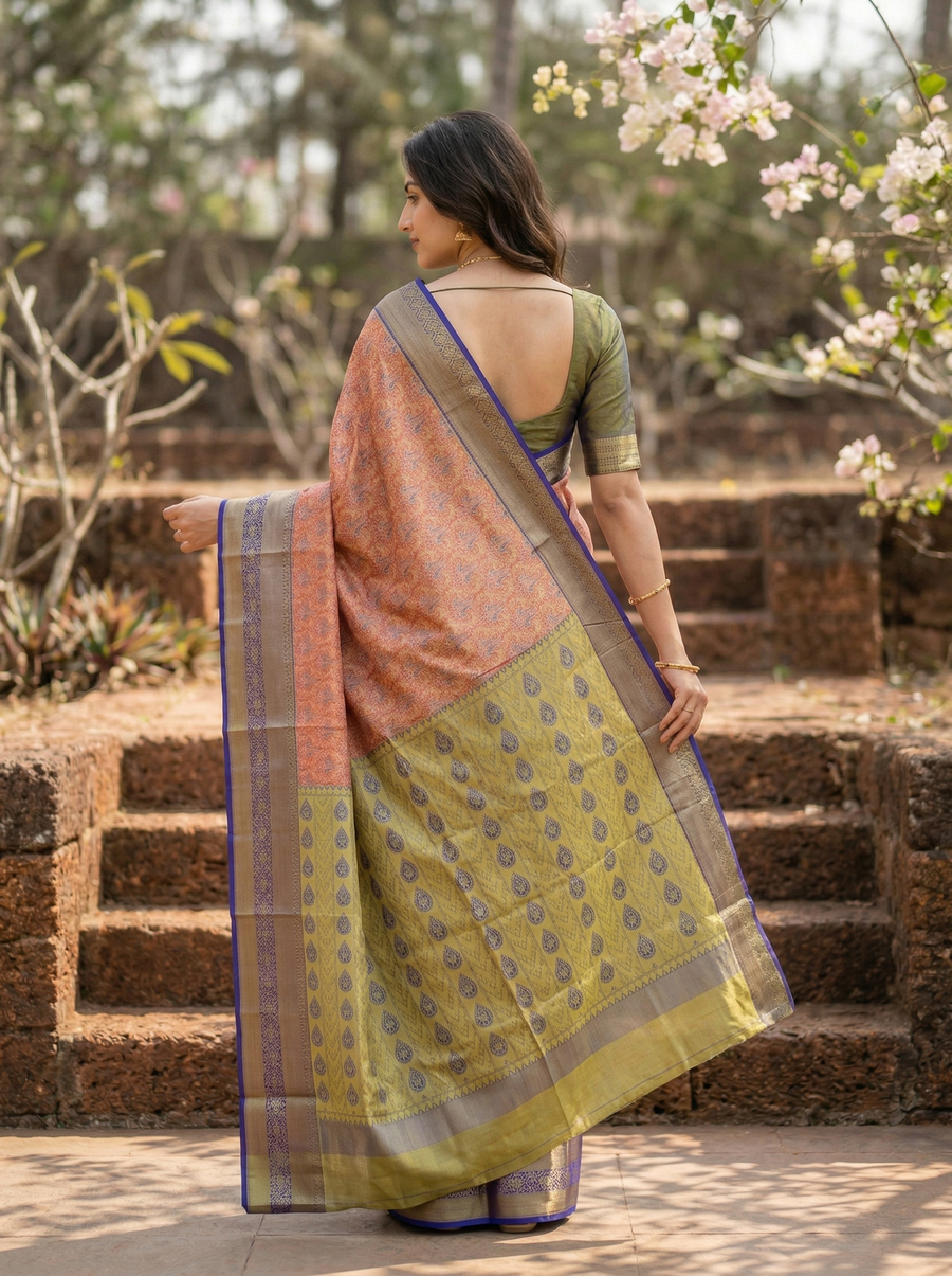 Olive Green Uppada Inspired Semi Silk Saree with Medium Medium Contrast Border