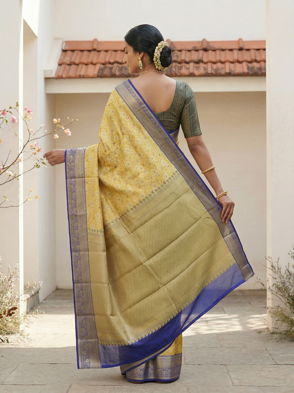 Sunflower Yellow Kanchipuram Inspired Semi Silk Saree with Medium Medium Contrast Border
