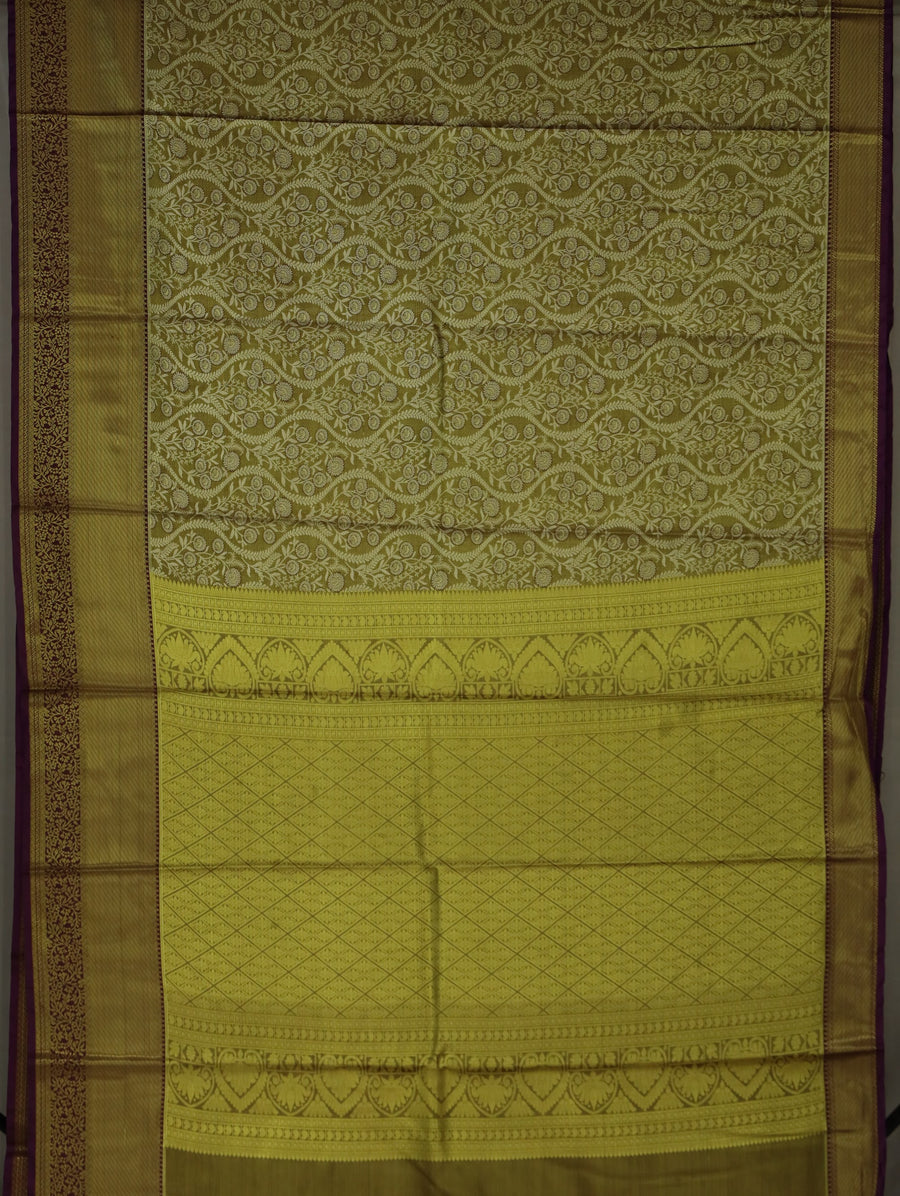 Olive Green Kanchipuram Inspired Semi Silk Saree with Medium Medium Contrast Border