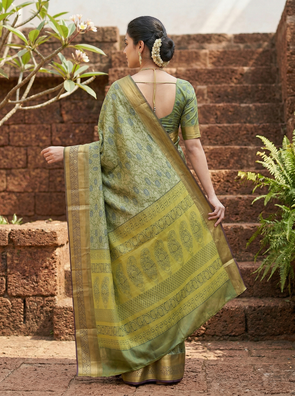 Olive Green Dharmavaram Inspired Semi Silk Saree with Medium Medium Contrast Border