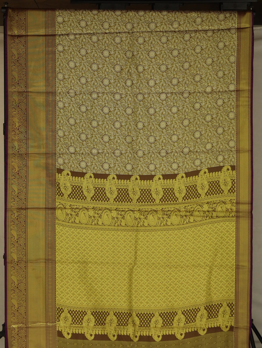 Champagne Gold Kanchipuram Inspired Semi Silk Saree with Narrow Narrow Contrast Border