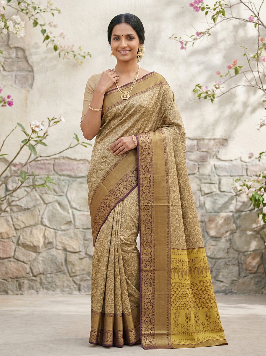 Champagne Gold Dharmavaram Inspired Semi Silk Saree with Wide Wide Contrast Border