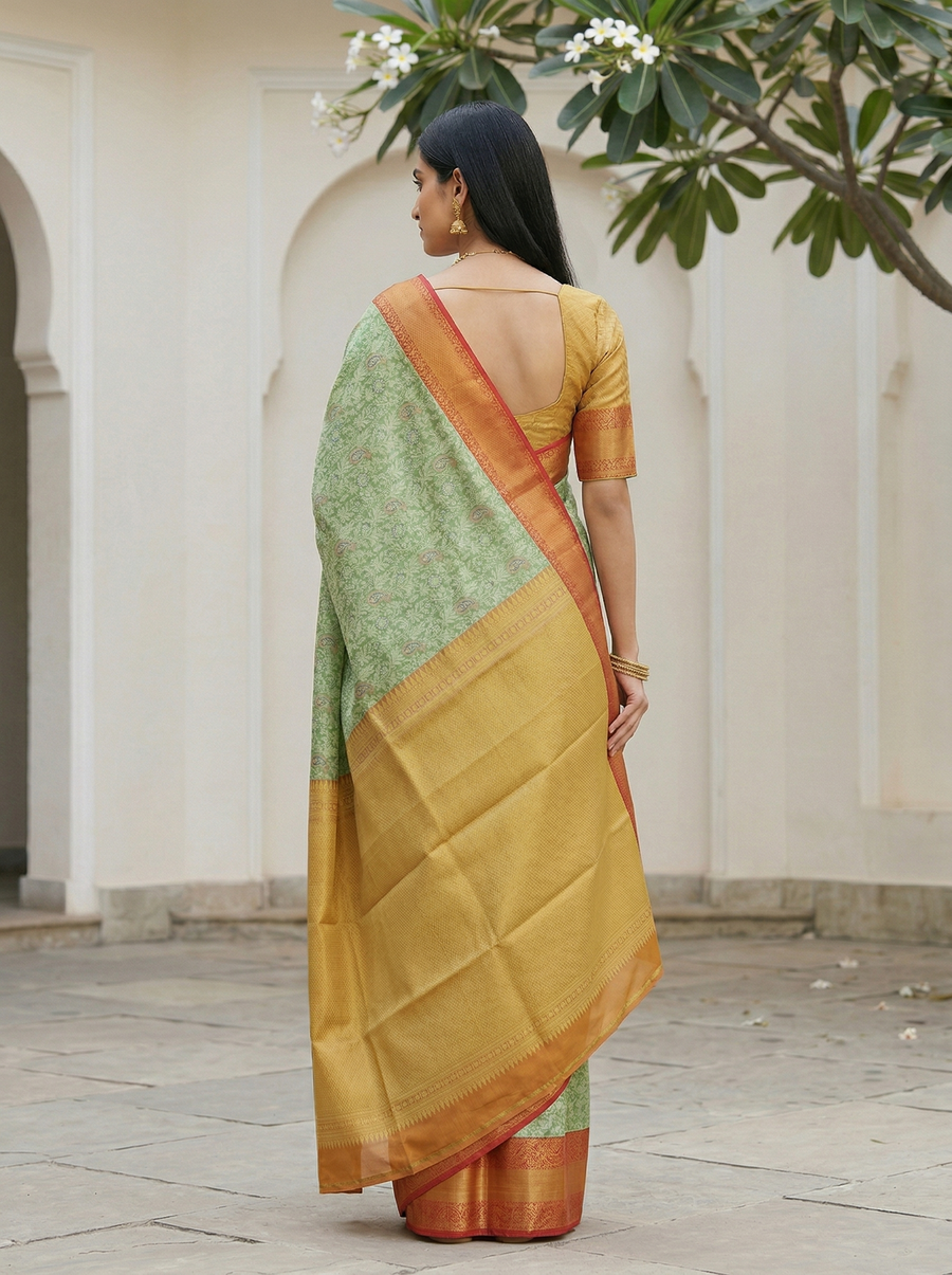 Sage Green Kanchipuram Inspired Semi Silk Saree with Wide Wide Contrast Border