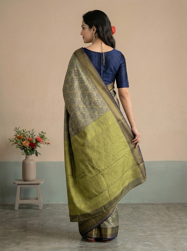 Mustard Yellow Kanchipuram Inspired Semi Silk Saree with Medium Medium Contrast Border