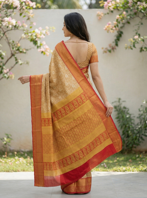 Champagne Gold Kanchipuram Inspired Semi Silk Saree with Wide Wide Contrast Border