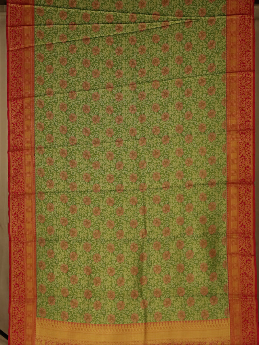 Sage Green Kanchipuram Inspired Semi Silk Saree with Medium Medium Contrast Border