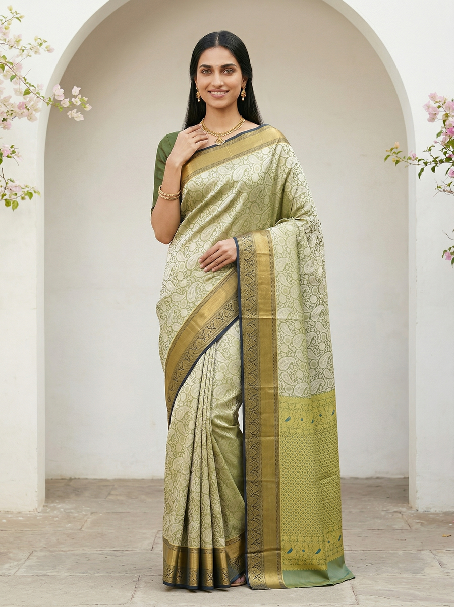 Sage Green Dharmavaram Inspired Semi Silk Saree with Wide Wide Contrast Border