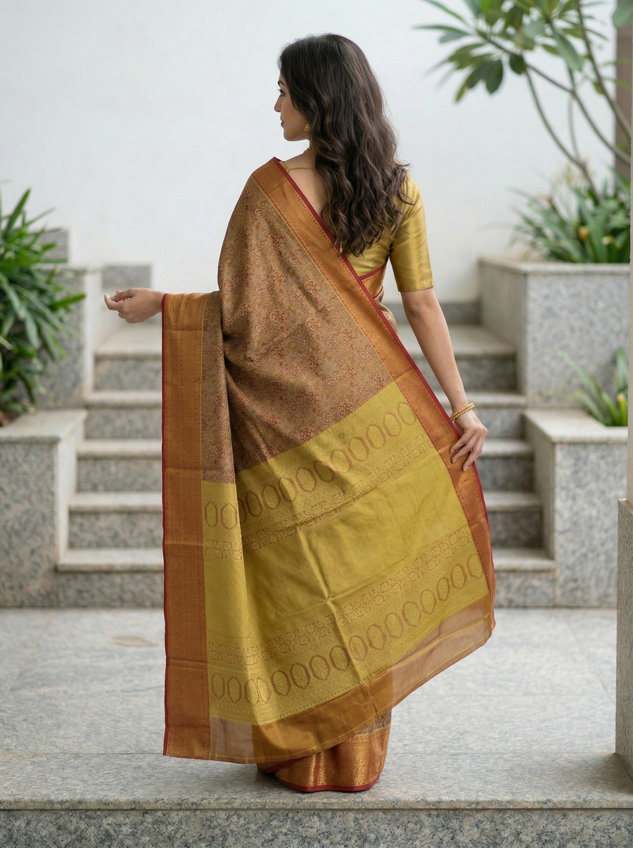 Antique Gold Kanchipuram Inspired Semi Silk Saree with Wide Wide Contrast Border
