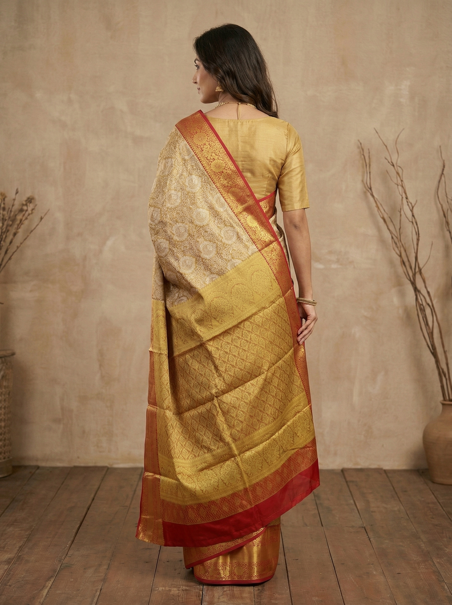 Champagne Gold Dharmavaram Inspired Semi Silk Saree with Wide Wide Contrast Border